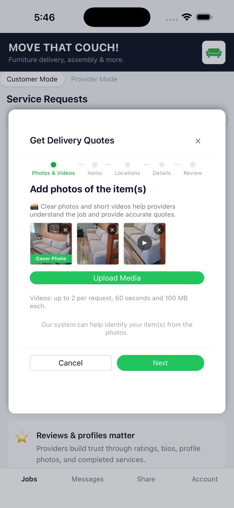Service request with uploaded furniture photos
